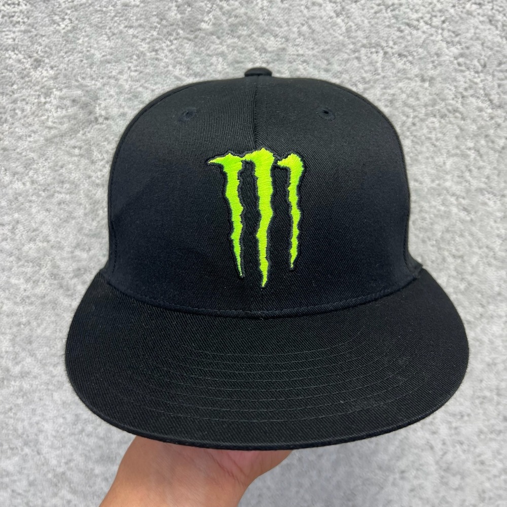Monster Energy Flexfit Flat Brim Cap S/M Black Green Embroidered Gorpcore Y2K